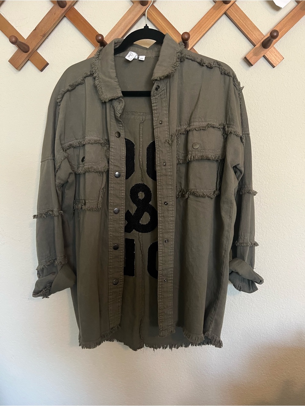 Elan Olive Green Distressed Utility Jean Jacket